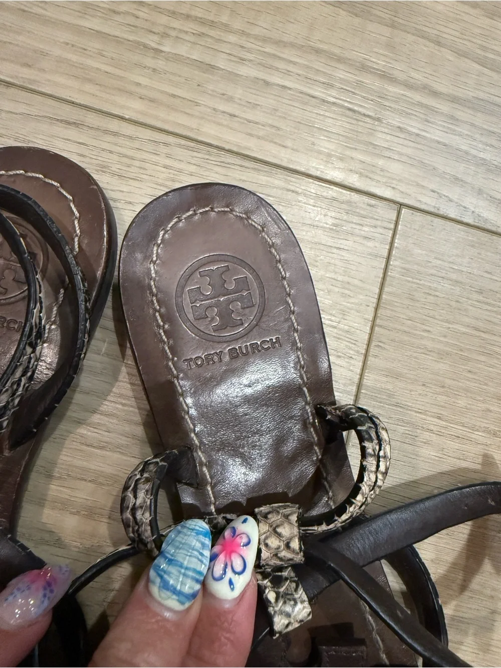 Tory Burch Dark Brown Leather Logo T-Strap Sandals